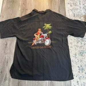 Vintage Harley-Davidson Hula Girl Silk Button-Up Shirt, Black, XL